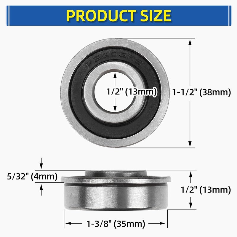 GICOOL 1/2" Deep Groove Ball Bearing, 13x35x13mm Bore Sealed Flanged Steel Bearings Replacement for Wheelbarrow, Lawn Mower, Hand Truck, Garden Cart Tire and Wheels, 4 Pack - Image 2